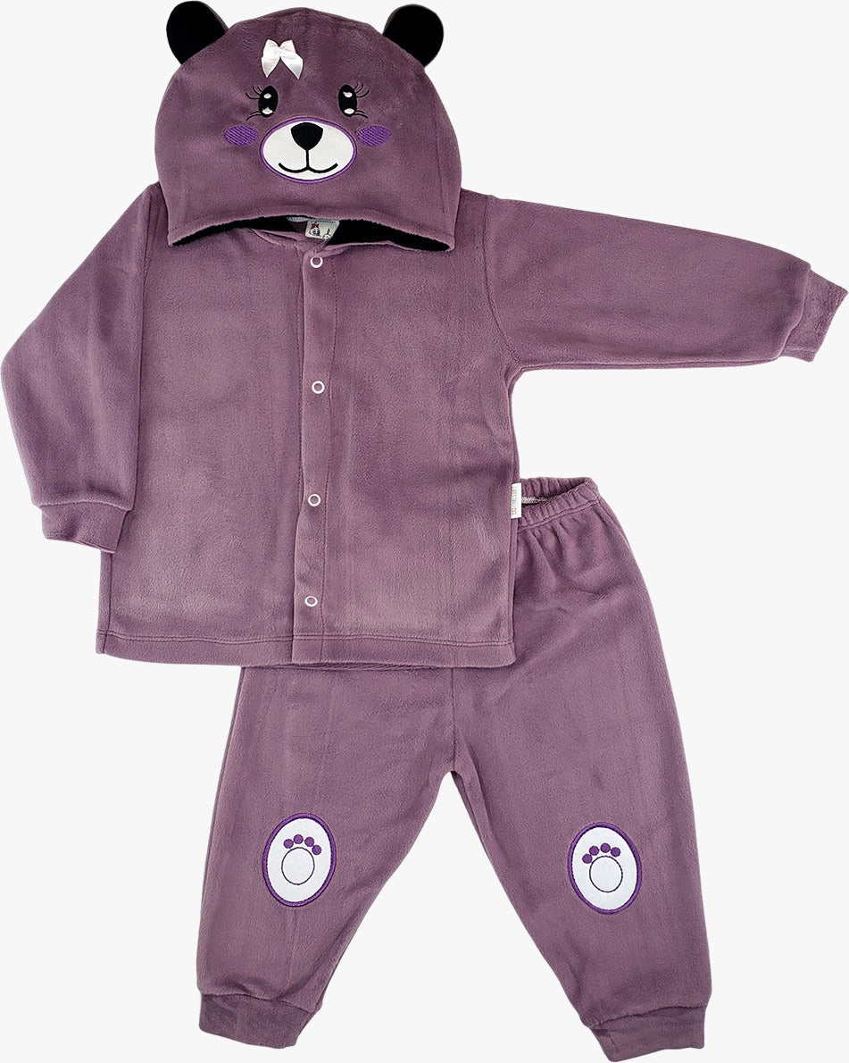 Conjunto Bebê Plush Capuz Bordado Inverno Menina 1 2 3