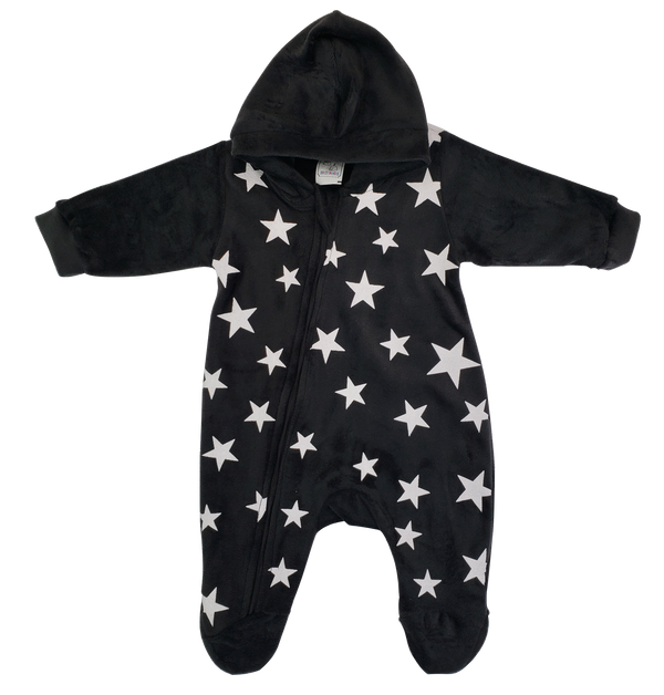 Macacão Bebê Plush Luxo Estampado Capuz Estrelas Zíper
